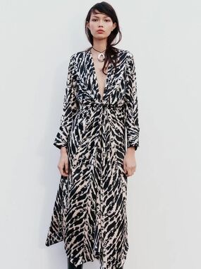 Zara Animal Print Black & Cream Printed Long-Sleeve Tie-Front Maxi Dress - MED